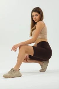 Domoda Dark Brown High Waist Short Shorts Sports Ribbed Biker Tights - Image 2
