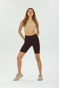 Domoda Dark Brown High Waist Short Shorts Sports Ribbed Biker Tights - Image 3