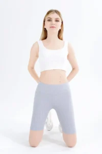 Domoda Light Gray High Waist Short Shorts Sports Ribbed Biker Tights - Image 4