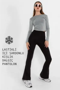Domoda Black Warm Bootcut Wide Leg Elastic Raised Winter Diver Women's Spanish Trousers