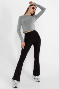 Domoda Black Warm Bootcut Wide Leg Elastic Raised Winter Diver Women's Spanish Trousers - Image 3