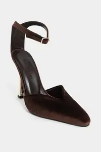 Nisantasi Shoes VIBE Brown Velvet Ankle Bonded Galvanized Heel Women Gold Heels Shoes - Image 3