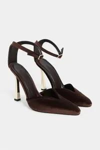 Nisantasi Shoes VIBE Brown Velvet Ankle Bonded Galvanized Heel Women Gold Heels Shoes - Image 5