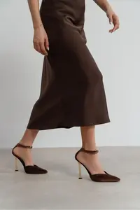 Nisantasi Shoes VIBE Brown Velvet Ankle Bonded Galvanized Heel Women Gold Heels Shoes - Image 6