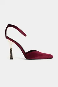 Nisantasi Shoes VIBE Burgundy Velvet Ankle-Strap Galvanized Heel Women Gold Heels Shoes - Image 3