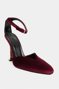 Nisantasi Shoes VIBE Burgundy Velvet Ankle-Strap Galvanized Heel Women Gold Heels Shoes - Image 4
