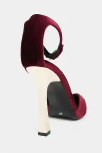 Nisantasi Shoes VIBE Burgundy Velvet Ankle-Strap Galvanized Heel Women Gold Heels Shoes - Image 5