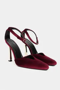 Nisantasi Shoes VIBE Burgundy Velvet Ankle-Strap Galvanized Heel Women Gold Heels Shoes - Image 6