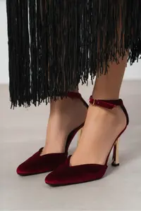 Nisantasi Shoes VIBE Burgundy Velvet Ankle-Strap Galvanized Heel Women Gold Heels Shoes - Image 7