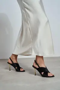 Nisantasi Shoes Zoya Black Velvet Cross Strap Thin Heels Women Sandals