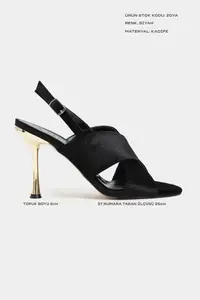 Nisantasi Shoes Zoya Black Velvet Cross Strap Thin Heels Women Sandals - Image 2