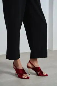 Nisantasi Shoes Zoya Burgundy Velvet Cross Strap Thin Heels Women Sandals