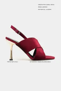 Nisantasi Shoes Zoya Burgundy Velvet Cross Strap Thin Heels Women Sandals - Image 2