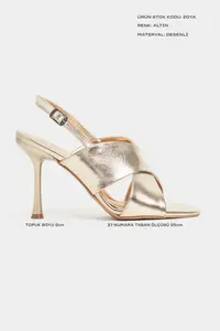 Nisantasi Shoes Zoya Gold Patterned Cross Strap Thin Heels Women Sandals - Image 2