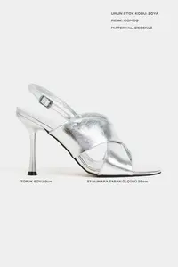 Nisantasi Shoes Zoya Silver Patterned Cross Strap Thin Heels Women Sandals - Image 2