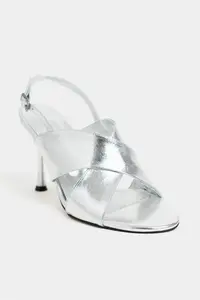 Nisantasi Shoes Zoya Silver Patterned Cross Strap Thin Heels Women Sandals - Image 4