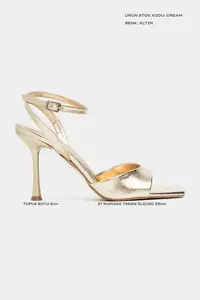 Nisantasi Shoes Cream Gold Patterned Blunt Toe Ankle Belt Detailed Thin Heels Shoes - Image 2