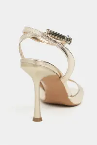 Nisantasi Shoes Cream Gold Patterned Blunt Toe Ankle Belt Detailed Thin Heels Shoes - Image 4