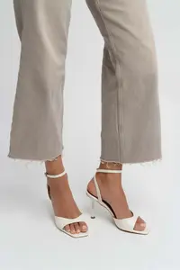 Nisantasi Shoes Cream PEARL MATTE Blunt Toe Ankle Belt Detailed Thin Heels Shoes - Image 2
