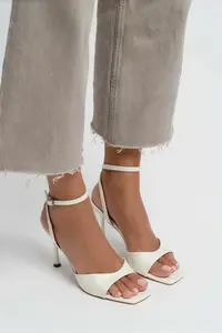 Nisantasi Shoes Cream PEARL MATTE Blunt Toe Ankle Belt Detailed Thin Heels Shoes - Image 4