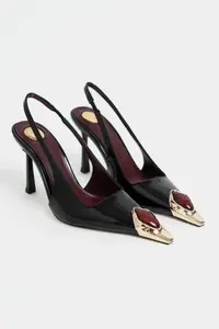 Nisantasi Shoes VIPER Black Patent Gold Framed Stone Accessory Detailed Pointed toe Women Heels Shoes