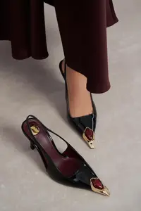 Nisantasi Shoes VIPER Black Patent Gold Framed Stone Accessory Detailed Pointed toe Women Heels Shoes - Image 7