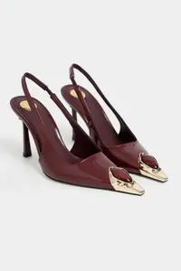Nisantasi Shoes VIPER Burgundy Patent Gold Framed Stone Accessory Detailed Pointed toe Women Heels Shoes