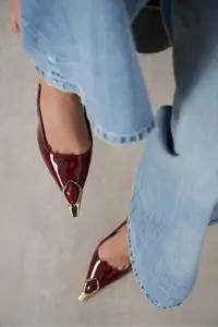 Nisantasi Shoes VIPER Burgundy Patent Gold Framed Stone Accessory Detailed Pointed toe Women Heels Shoes - Image 8