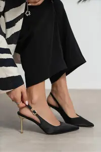 Nisantasi Shoes Viora Black Satin Belt Detailed Women Gold Heels Shoes - Image 8