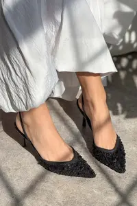 Nisantasi Shoes Sara Black Net BEAD Detailed Pointed toe Women Heels Shoes - Image 5