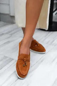 Nisantasi Shoes Warner Tan GENUINE Leather Tassel Detailed Flat Sole Women Flats - Image 3