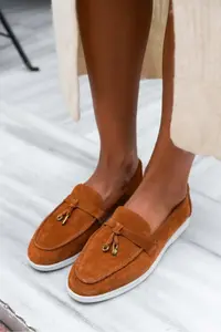 Nisantasi Shoes Warner Tan GENUINE Leather Tassel Detailed Flat Sole Women Flats - Image 4