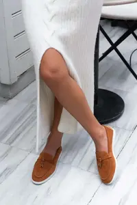 Nisantasi Shoes Warner Tan GENUINE Leather Tassel Detailed Flat Sole Women Flats - Image 7