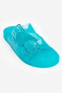 Nisantasi Shoes Marlowe Transparent Turquoise Double Hair Clip Detailed Flat Sole Women Slippers
