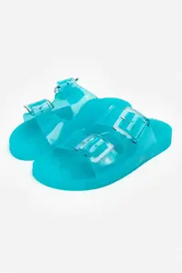 Nisantasi Shoes Marlowe Transparent Turquoise Double Hair Clip Detailed Flat Sole Women Slippers - Image 4