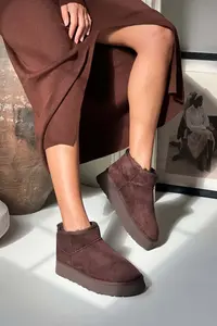 Nisantasi Shoes Mini Brown Suede Inside FURRY Thick Sole Women Boots - Image 2