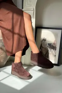 Nisantasi Shoes Mini Brown Suede Inside FURRY Thick Sole Women Boots - Image 5