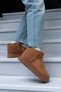 Nisantasi Shoes Mini Tan Suede Inside FURRY Thick Sole Women Boots - Image 7
