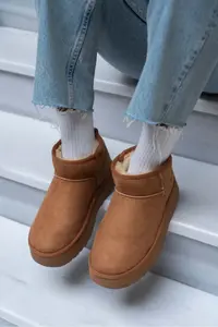 Nisantasi Shoes Mini Tan Suede Inside FURRY Thick Sole Women Boots - Image 9