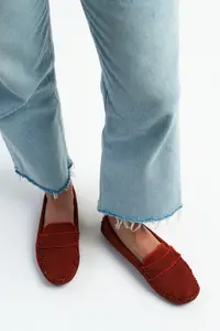 Nisantasi Shoes ASTORIA Brick Red Knitwear Drink KISIM Leather Flat Sole Women Flats