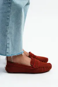 Nisantasi Shoes ASTORIA Brick Red Knitwear Drink KISIM Leather Flat Sole Women Flats - Image 2