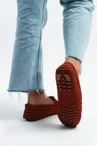 Nisantasi Shoes ASTORIA Brick Red Knitwear Drink KISIM Leather Flat Sole Women Flats - Image 3
