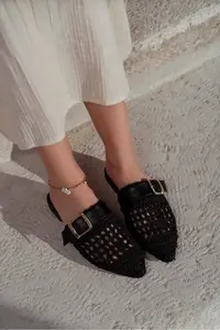 Nisantasi Shoes Best Black Knitting Belt Detailed Flat Sole Women Slippers - Image 3