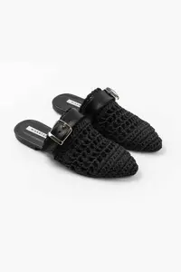 Nisantasi Shoes Best Black Knitting Belt Detailed Flat Sole Women Slippers - Image 5