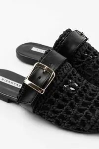 Nisantasi Shoes Best Black Knitting Belt Detailed Flat Sole Women Slippers - Image 6