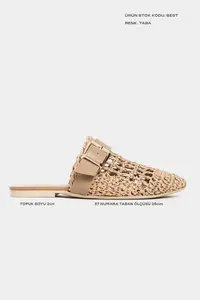 Nisantasi Shoes Best Tan Knitting Belt Detailed Flat Sole Women Slippers - Image 2