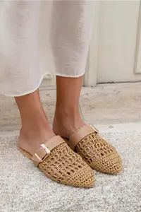 Nisantasi Shoes Best Tan Knitting Belt Detailed Flat Sole Women Slippers - Image 3