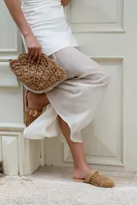 Nisantasi Shoes Best Tan Knitting Belt Detailed Flat Sole Women Slippers - Image 5