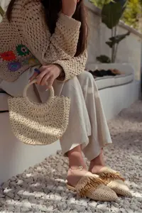 Nisantasi Shoes VIANA Beige Knitting Beige Tan Tassel Detailed Women Slippers - Image 5