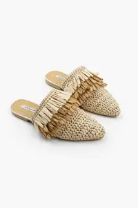Nisantasi Shoes VIANA Beige Knitting Beige Tan Tassel Detailed Women Slippers - Image 6